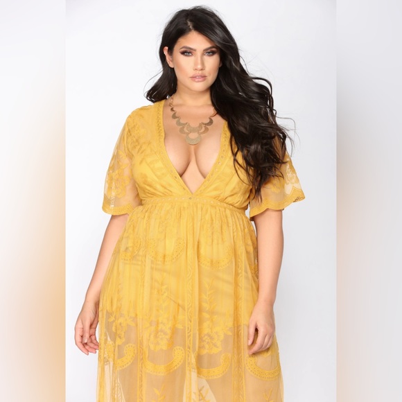 Fashion Nova Yellow Lace Romper Dress - Picture 2 of 4